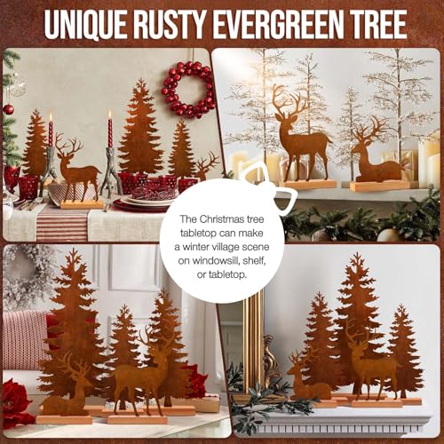 KPX Set of 5 Metal Christmas Tree and Deer Tabletop Decor, Rusty