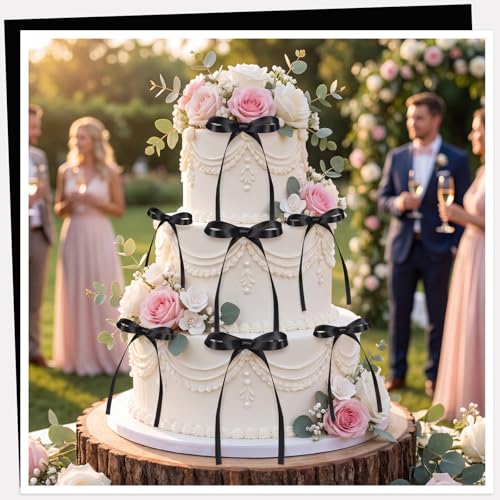 30 Pack Black Ribbon Bow Cake Toppers Handmade Polyester Bows for Party Decor