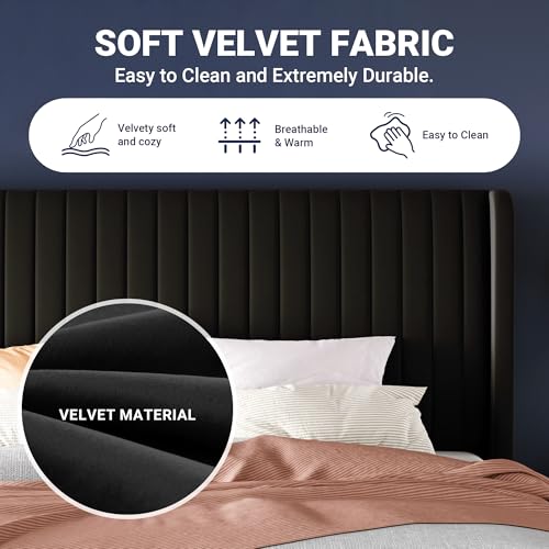 Queen Size Velvet Platform Bed Frame with Wingback Headboard, Black