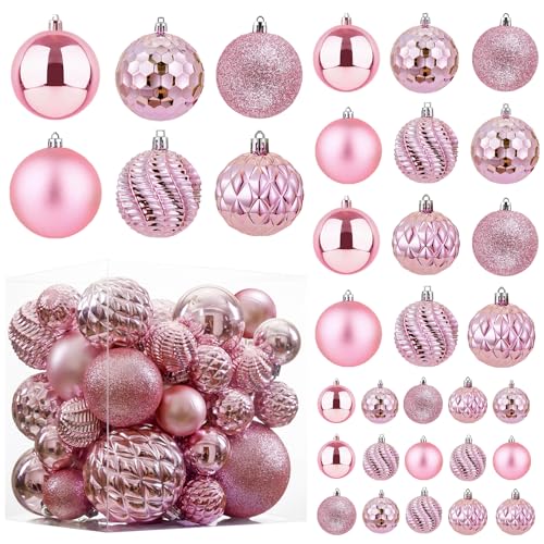 Jorysics Pink 36pc Shatterproof Christmas Ball Ornaments with Hanging Loop – 6 Styles in 3 Sizes