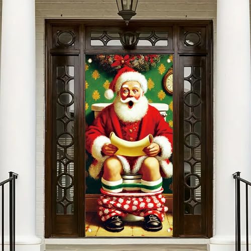 Funny Santa Bathroom Door Cover 71 x 35 in—Naughty List Scroll Christmas Banner for Xmas Party