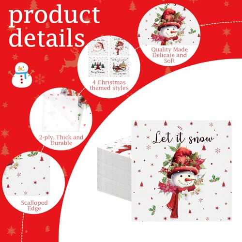Fulmoon 200 Pcs Christmas Cocktail Paper Napkins - 4 Styles, Disposable Holiday Party Supplies