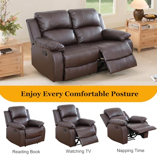 BrisaNube Brown 3-Piece Reclining Leather Sofa Set with 1 Seat, Loveseat & 3-Seat Couch