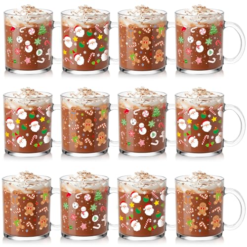 Vesici 12 Set Christmas Glass Mugs 12oz Classic with Handle - Festive Holiday Drinkware