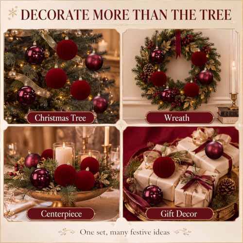 12-Pack Burgundy Christmas Ornaments - Velvet Ball Tree Decorations