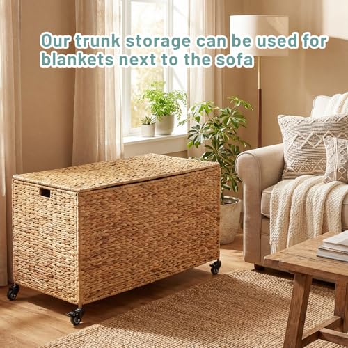 Rolling Woven Water Hyacinth Storage Trunk with Lid, 36-Inch Large Basket