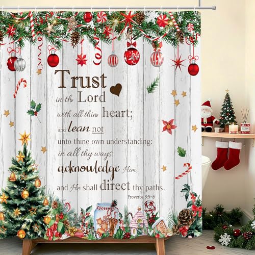 Christmas Shower Curtain with Xmas Tree & Ornaments - Green & White, 72x72 in