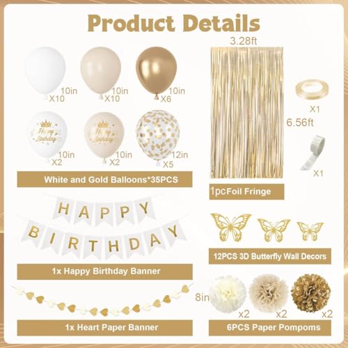 White and Gold Birthday Decorations Kit with Butterfly Stickers and Banner