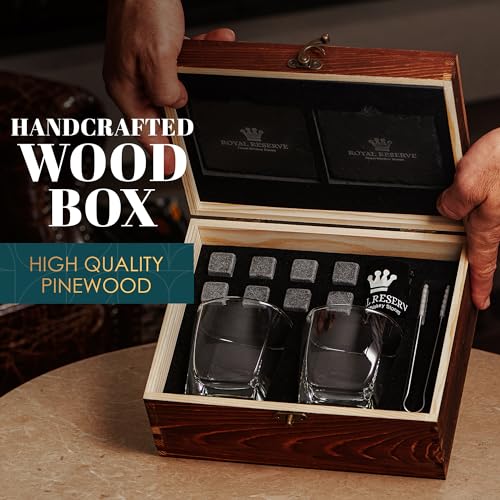 Royal Reserve Whiskey Glass Set with Classic Glasses and Chilling Rocks - Gift for Men & Dad
