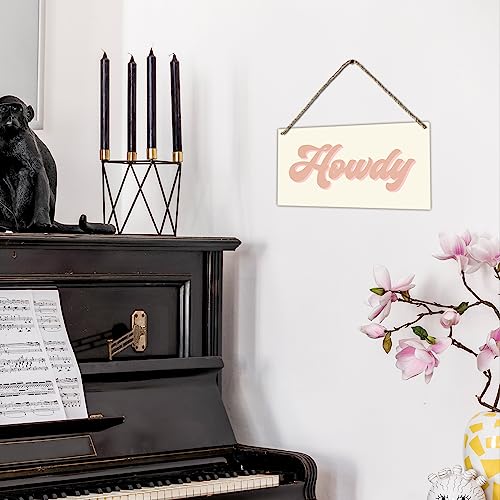 Retro Howdy Wooden Wall Sign - Pink and Beige Boho Hanging Plaque, 12x6"