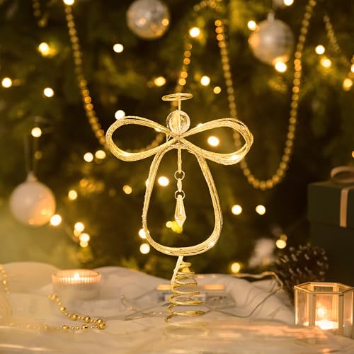 Gold 10 Inch Lighted Angel Tree Topper with Timer - Christmas Decoration