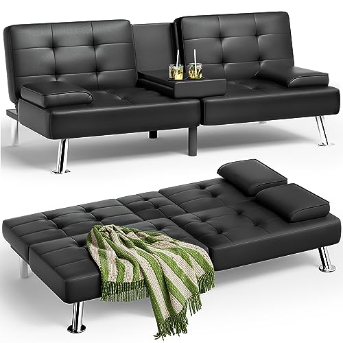 Modern Faux Leather Futon Sofa Bed with Adjustable Backrest and Cup Holders