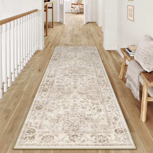 2x6 Beige Vintage Runner Rug, Washable Non-Slip Low Pile Farmhouse Carpet