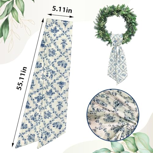 2-Piece Blue Floral Wreath Sash for Front Door Decor, Polyester Ribbon