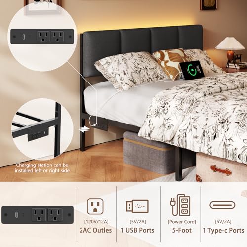 Full Size Platform Bed Frame with LED Headboard, Storage Drawers & USB