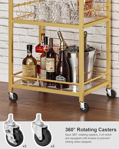 3-Tier Gold Bar Cart with Mirrored Shelves, Wine Rack & Glass Holder