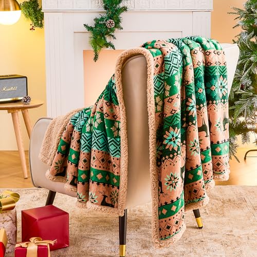 Ramees Christmas Throw Blanket 50x60in Fleece Sherpa Reindeer Snowflakes