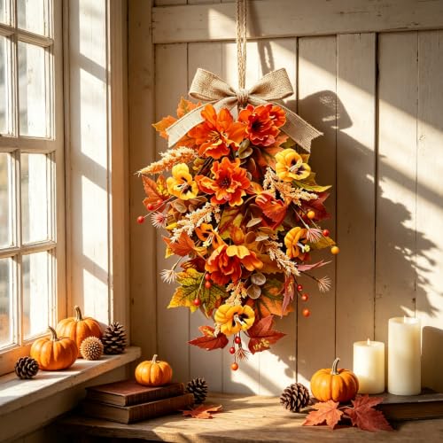 24-Inch Fall Teardrop Swags Set - Autumn Floral Wreath for Front Door