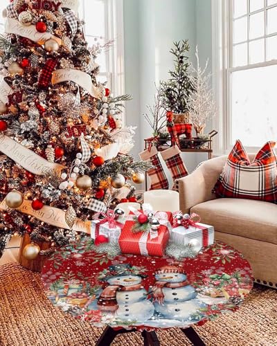 Chucoco Christmas Snowman Round Table Cover 36-44 Inch Elastic Waterproof Red & White