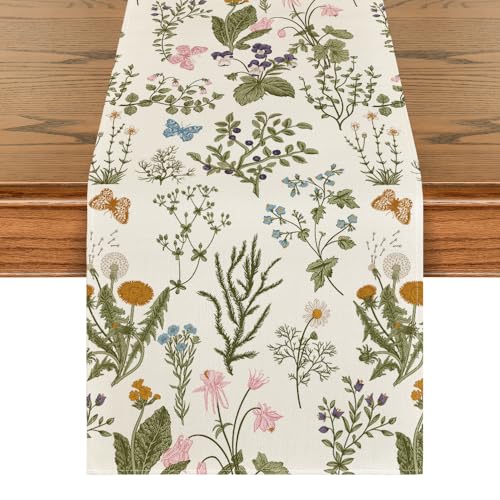 Artoid Mode 13x90 Inch Wildflowers Floral Spring Table Runner Beige Home Decor
