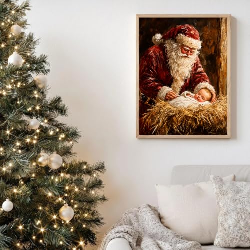 XOCUUI 8x10 Santa with Sleeping Baby Nativity Canvas Print - Framed? Unframed Holiday Wall Art