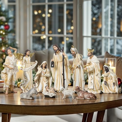 12-Piece Christmas Nativity Set, 12.5-Inch Hand-Painted Resin Figurines