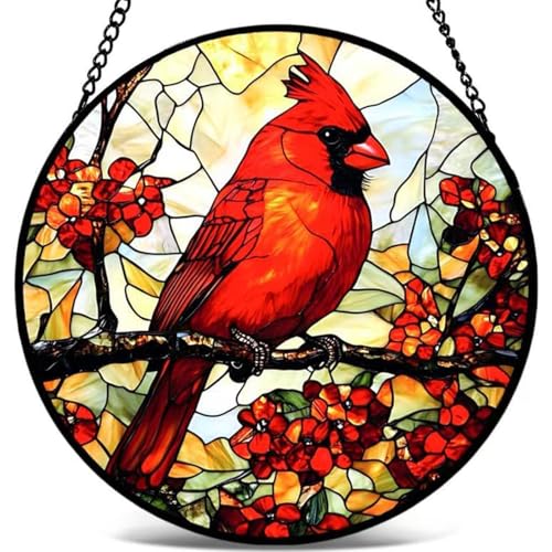 Cardinal Stained Glass Suncatcher Panel - 7.8 Inch Window Decor