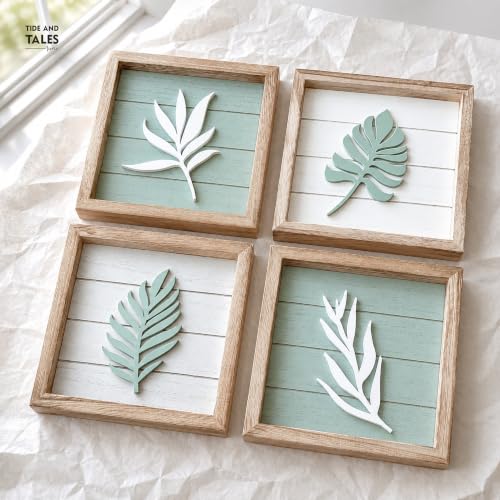 3D Sage Green Botanical Wall Art Set, 7x7 Framed Leaf Decor, 4-Piece