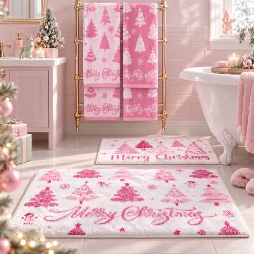 Moukeren Pink Christmas Tree Bathroom Set with Rugs & Hand Towels - Non-Slip, Absorbent Holiday Decor