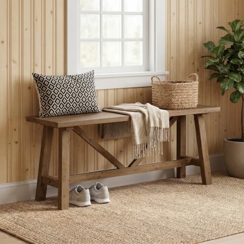 43-Inch Solid Wood Farmhouse Bench, Rustic Narrow Entryway Seat