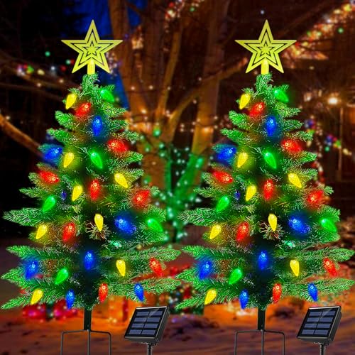 2-Pack 3.6ft Outdoor Solar Christmas Trees with 8-Mode LED Lights
