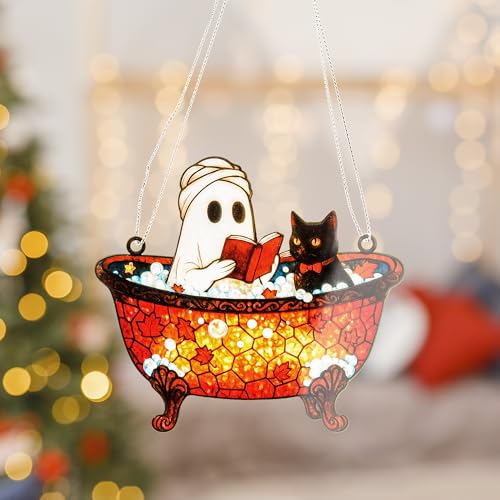Gothic Bat Suncatcher Ghost Cat 2 - Purple Crescent Moon Window Hanging Halloween Decor