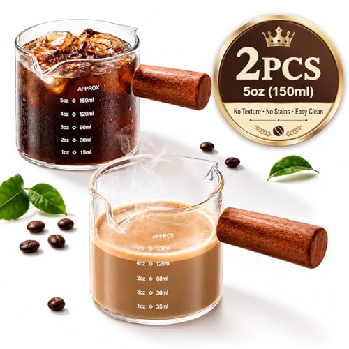 2 Pack Borosilicate Glass Espresso Shot Glasses with Handle, 5oz Barista Measuring Cups