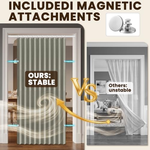 Blackout Magnetic Door Curtain - Folding Accordion Design, 42" W x 78" L, Grey