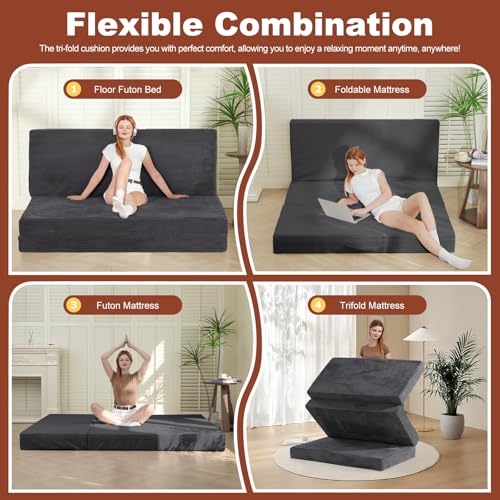 Grey AOLVDOW 6-Inch Tri-Fold Portable Foldable Mattress Queen Size for Camping & Guest Use
