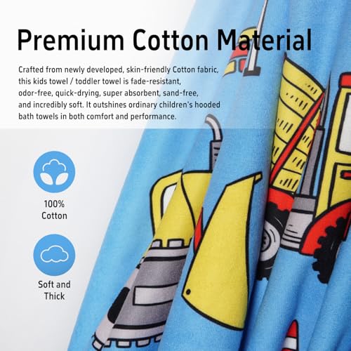 Kids Hooded Construction Truck Bath & Beach Towel - Soft Absorbent Cotton