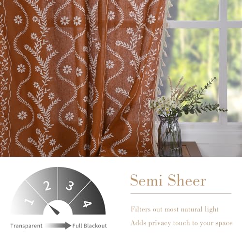 Floral Rust Orange Linen Curtains 96" Length - 2 Panels