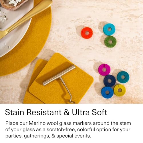Graf Lantz Rainbow Merino Wool Wine Glass Charms - Drink Markers with Note Card, 12 Count, Round Variation