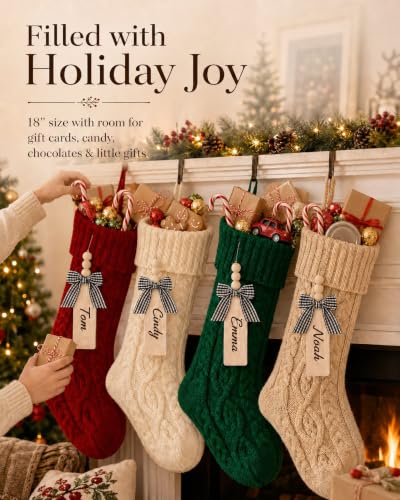 Personalized Knit Christmas Stockings with Wood Name Tags - 18 Inch Set of 4