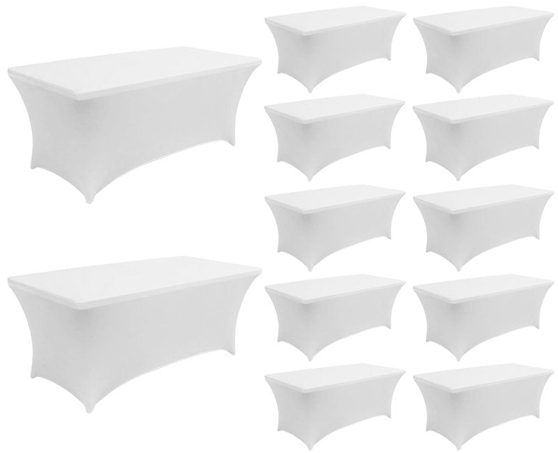 6FT Spandex Table Cover Table Cloth for Folding Tables Fitted Rectangular Tablecover Washable Wrinkle Resistant Polyester Stretch Tablecloth Protector for Wedding Banquet Party (12 Pack, White)
