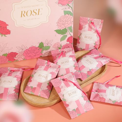 Rose Scented Sachets for Drawers and Closets - 14 Pack Long-Lasting Fragrance