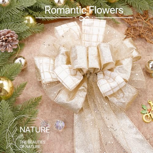 Champagne Gold Christmas Tree Topper Bow with Glitter Mesh Streamer 40in - 12in Diameter, Circle Variation