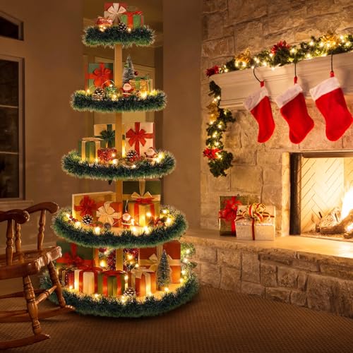 6ft Wooden Christmas Tree Shelf - 5-Tier Holiday Village Display Stand with Garland