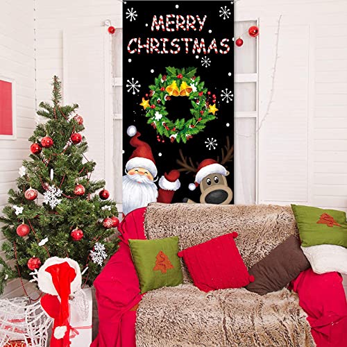 Christmas Door Cover Santa Reindeer Snowflake Banner for Holiday Decoration