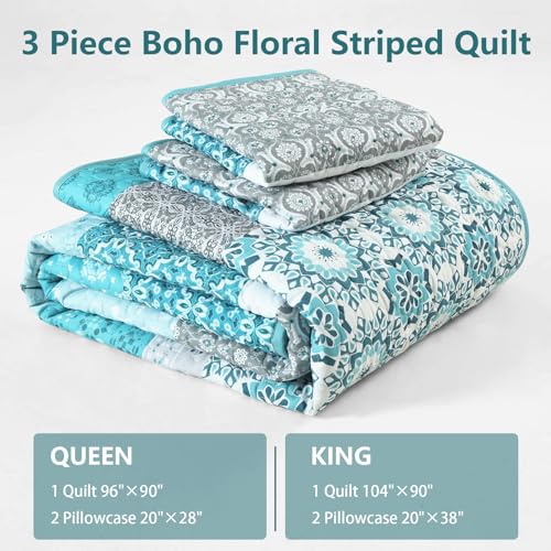 Teal Boho Queen Quilt Set - 3-Piece Floral Striped Microfiber Bedspread
