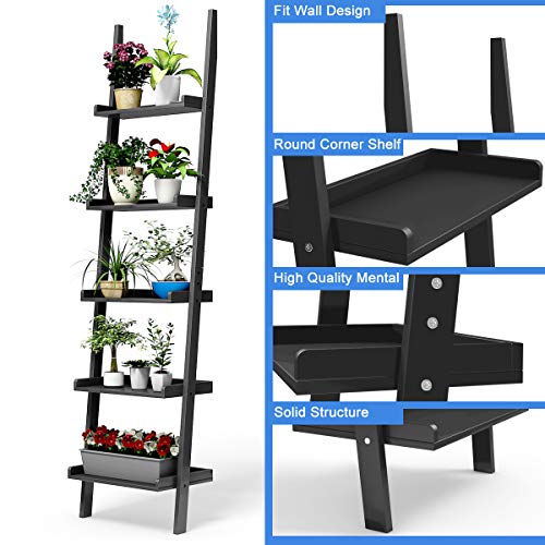 5-Tier Wood Ladder Shelf, Modern Leaning Display Rack for Home & Office