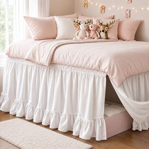 Twin XL Dorm Bed Skirt - 36 Inch Extra Long Drop White Ruffled Dust Ruffle