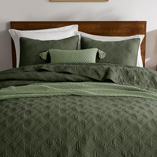 WDCOZY 100% Cotton King Size Quilt Set - Olive Green Lightweight Bedspread