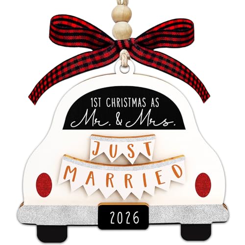 First Christmas Married Ornament 2026, Wood Mr and Mrs Keepsake Wedding Gift