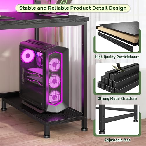 39-Inch Gaming Desk with LED Lights, Power Outlets, and Monitor Stand